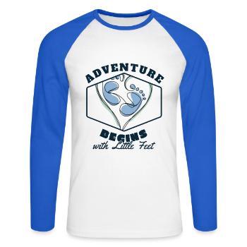 Adventure Begins with Little Feet Birth Gift - Unisex Long Sleeve Baseball T-Shirt - white/royal blue - Front - Nik (191cm)
