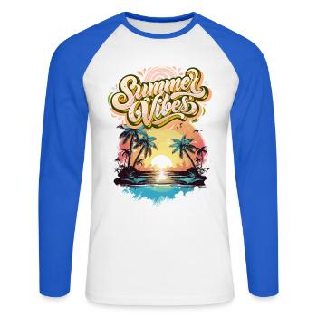 Summer Mood Palm Trees Sunset - Unisex Long Sleeve Baseball T-Shirt - white/royal blue - Front - Nik (191cm)