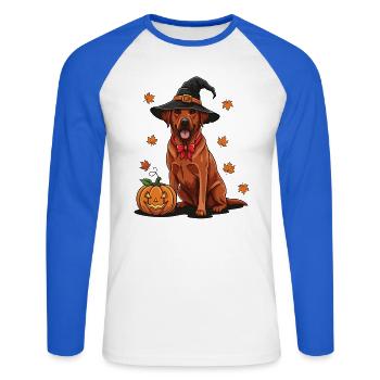 Labrador d'Halloween avec un chapeau de sorcière - T-shirt baseball manches longues Homme - blanc/bleu royal - Devant - Nik (191cm)