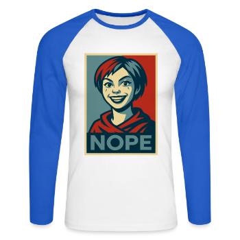 a girl and a  humorous NOPE poster message - Unisex Long Sleeve Baseball T-Shirt - white/royal blue - Front - Nik (191cm)