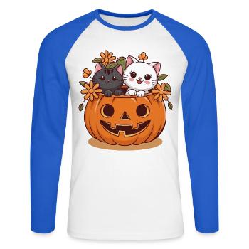 Cats in pumpkin head Halloween design - Unisex Long Sleeve Baseball T-Shirt - white/royal blue - Front - Nik (191cm)