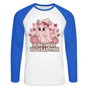 Herbstliches Pinkes Halloween Design - Unisex Baseballshirt langarm - Weiß/Royalblau - Vorne - Nik (191cm)
