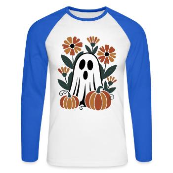 ghost pumpkin flowers retro Halloween autumn - Unisex Long Sleeve Baseball T-Shirt - white/royal blue - Front - Nik (191cm)