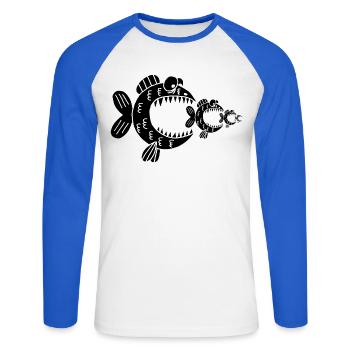 Black fish and the food chain - Unisex Long Sleeve Baseball T-Shirt - white/royal blue - Front - Nik (191cm)