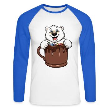 Playful polar bear with chocolate cup - Unisex Long Sleeve Baseball T-Shirt - white/royal blue - Front - Nik (191cm)