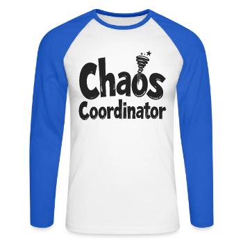Coordinateur du Chaos - Drôle de dicton - T-shirt baseball manches longues Homme - blanc/bleu royal - Devant - Nik (191cm)