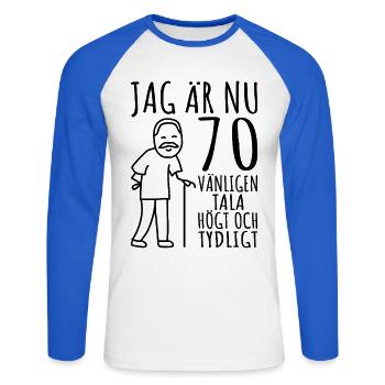 Cadeau d’anniversaire 70 ans Cadeau d’anniversaire 70 ans - T-shirt baseball manches longues Homme - blanc/bleu royal - Devant - Nik (191cm)
