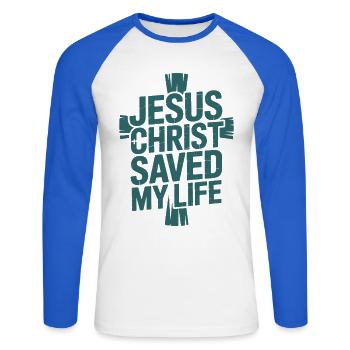  Jesus Christus hat mein Leben gerettet - Unisex Baseballshirt langarm - Weiß/Royalblau - Vorne - Nik (191cm)