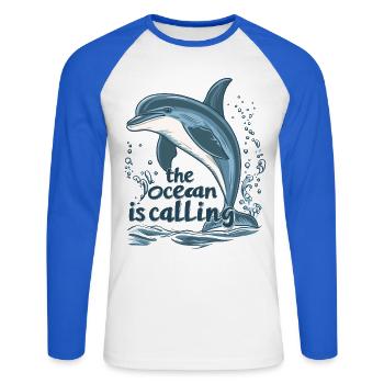 The Ocean is Calling - Dolphin - Unisex Long Sleeve Baseball T-Shirt - white/royal blue - Front - Nik (191cm)