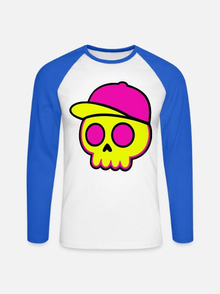 Neon Skull Cap Design - Unisex Long Sleeve Baseball T-Shirt - white/royal blue