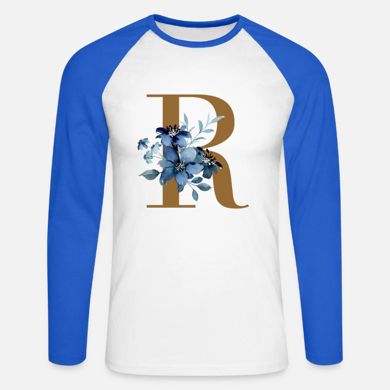 Floreale R - Lettera d'oro con fiori - Maglia da baseball a manica lunga da uomo - bianco/blu royal