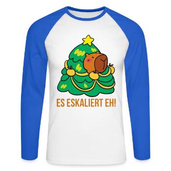 It's escalating anyway! - Unisex Long Sleeve Baseball T-Shirt - white/royal blue - Front - Nik (191cm)