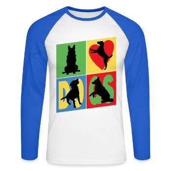Chiens que j'aime Silhouettes de chiens Maman chien Papa chien - T-shirt baseball manches longues Homme - blanc/bleu royal - Devant - Nik (191cm)