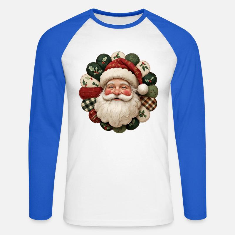 Patchwork Weihnachtsmann Motiv - Unisex Baseballshirt langarm - Weiß/Royalblau