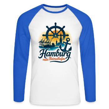 Hamburg Mein Heimathafen Stadt Silhouette Geschenk - Unisex Baseballshirt langarm - Weiß/Royalblau - Vorne - Nik (191cm)