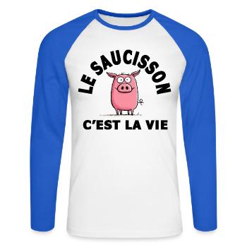 le saucisson c'est la vie humour - T-shirt baseball manches longues Homme - blanc/bleu royal - Devant - Nik (191cm)