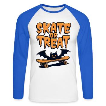 Skate or Treat Skateboard Halloween Bat - Unisex Long Sleeve Baseball T-Shirt - white/royal blue - Front - Nik (191cm)