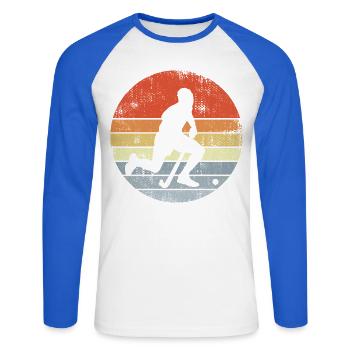 Dessin d’un joueur de hockey sur gazon - T-shirt baseball manches longues Homme - blanc/bleu royal - Devant - Nik (191cm)