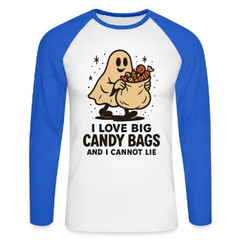 J’aime les gros sacs de bonbons Halloween drôle disant fantôme - T-shirt baseball manches longues Homme - blanc/bleu royal - Devant - Nik (191cm)