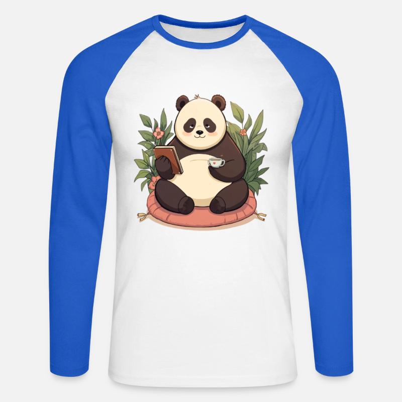 Panda beim Lesen mit Tee - Unisex Baseballshirt langarm - Weiß/Royalblau