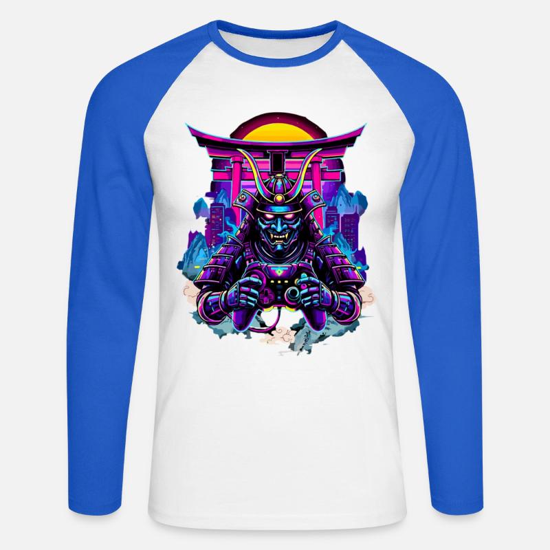 Samurai Maske gaming Controller Sythwave gaming  - Unisex Baseballshirt langarm - Weiß/Royalblau