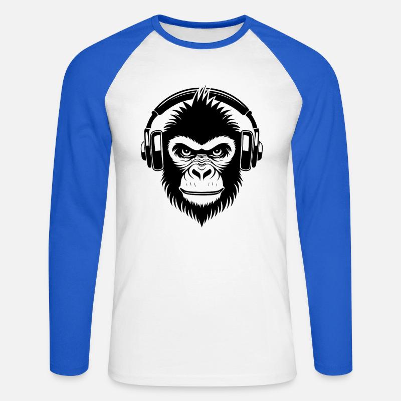 Frecher Comic-Affe mit Kopfhörern Shirt - Unisex Baseballshirt langarm - Weiß/Royalblau