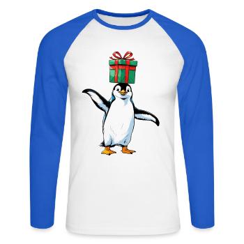 Pingouin avec cadeau sur la tête - T-shirt baseball manches longues Homme - blanc/bleu royal - Devant - Nik (191cm)