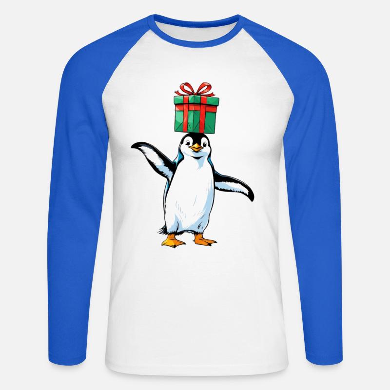 Pinguin mit Geschenk auf Kopf - Unisex Baseballshirt langarm - Weiß/Royalblau