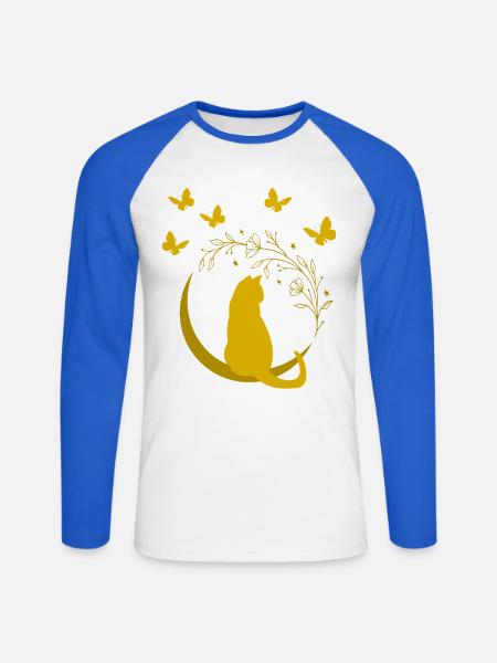 Goldene Mondkatze mit Blütenranke - Unisex Baseballshirt langarm - Weiß/Royalblau