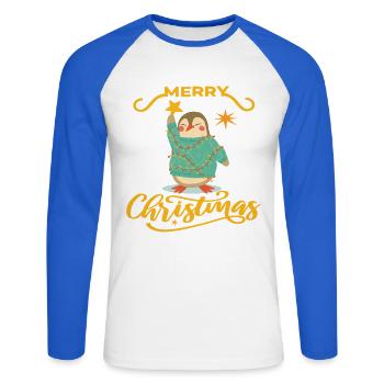 Pinguin hebt Weihnachtsstern –Merry Christmas  - Unisex Baseballshirt langarm - Weiß/Royalblau - Vorne - Nik (191cm)
