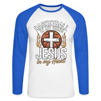Basketball & Jesus – Cross on Ball Design - Unisex Long Sleeve Baseball T-Shirt - white/royal blue - Front - Nik (191cm)