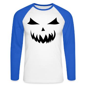 Drôle de citrouille visage Halloween chemise tenue haut - T-shirt baseball manches longues Homme - blanc/bleu royal - Devant - Nik (191cm)
