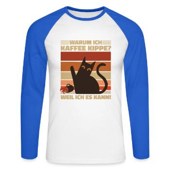 Pourquoi est-ce que je bois du café ? Motif de café de chat en colère - T-shirt baseball manches longues Homme - blanc/bleu royal - Devant - Nik (191cm)