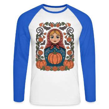 Herbstmatryoshka Kürbis - Unisex Baseballshirt langarm - Weiß/Royalblau - Vorne - Nik (191cm)