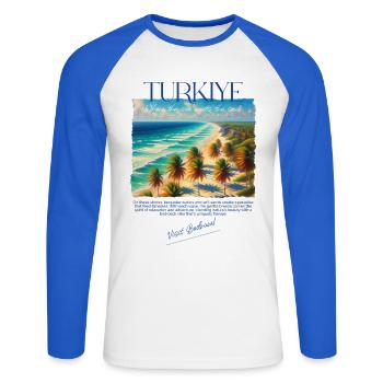 Türkei Bodrum Strand Urlaub Design – Visit Bodrum - Unisex Baseballshirt langarm - Weiß/Royalblau - Vorne - Nik (191cm)