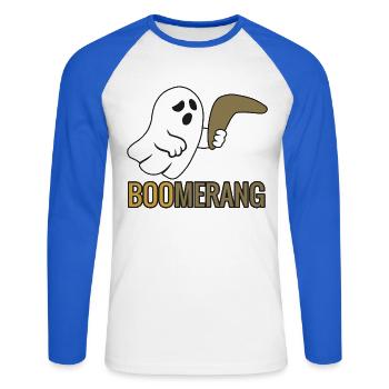 Boo-merang - Halloween 2025 - Unisex Baseballshirt langarm - Weiß/Royalblau - Vorne - Nik (191cm)
