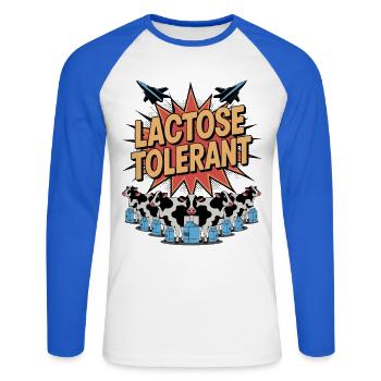 Laktose Tolerant - Unisex Baseballshirt langarm - Weiß/Royalblau - Vorne - Nik (191cm)