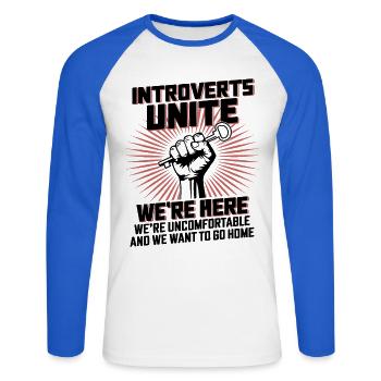 Les introvertis s’unissent ici - T-shirt baseball manches longues Homme - blanc/bleu royal - Devant - Nik (191cm)