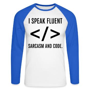 I Speak Fluent Code - Unisex Long Sleeve Baseball T-Shirt - white/royal blue - Front - Nik (191cm)