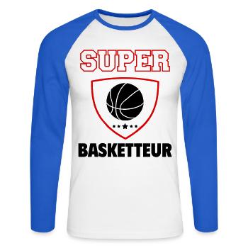 Super basketteur, fête des pères, noël - T-shirt baseball manches longues Homme - blanc/bleu royal - Devant - Nik (191cm)