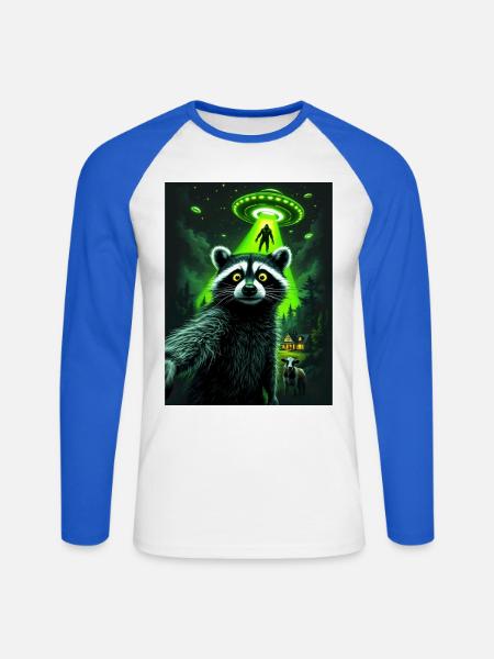 Waschbär UFO Überfall im Wald - Unisex Baseballshirt langarm - Weiß/Royalblau