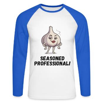 Dame à l’ail - Caricature confiante - T-shirt baseball manches longues Homme - blanc/bleu royal - Devant - Nik (191cm)