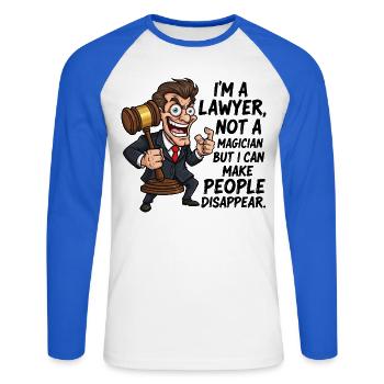 Anwaltskarikatur mit lustigem Spruch - Unisex Baseballshirt langarm - Weiß/Royalblau - Vorne - Nik (191cm)