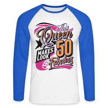 Reine du 50e anniversaire - T-shirt baseball manches longues Homme - blanc/bleu royal - Devant - Nik (191cm)