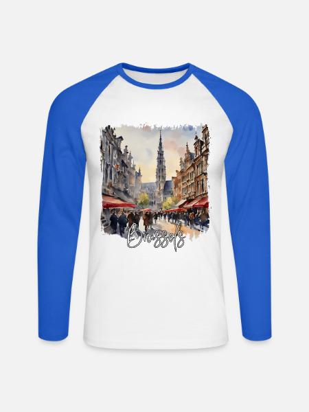 Aquarell von Brüssel, Brüssel, Belgien - Unisex Baseballshirt langarm - Weiß/Royalblau
