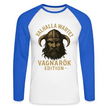 Valhalla Wartet Vagnarök Edition Wikinger - Unisex Baseballshirt langarm - Weiß/Royalblau - Vorne - Nik (191cm)