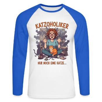 Katzoholiker Nur noch eine Katze - Lustiger Spruch - T-shirt baseball manches longues Homme - blanc/bleu royal - Devant - Nik (191cm)