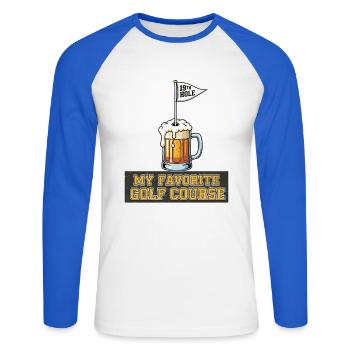 Ma bière de golf préférée - T-shirt baseball manches longues Homme - blanc/bleu royal - Devant - Nik (191cm)