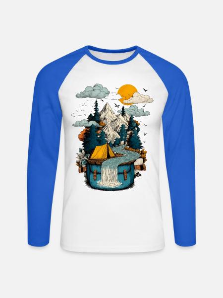 Mountain Lake Path - Camping Backpacker Motif - Unisex Long Sleeve Baseball T-Shirt - white/royal blue