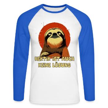 Lent au lieu d’un paresseux trépidant - T-shirt baseball manches longues Homme - blanc/bleu royal - Devant - Nik (191cm)